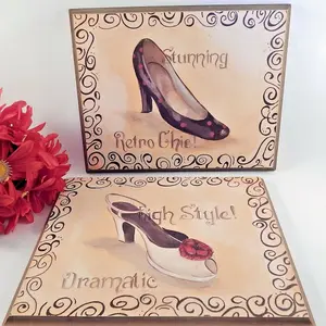 Wall Hanging Picture 2 Retro Chic Shoe Fashion Prints on Wood  Boudoir Decor by Celeste Peters