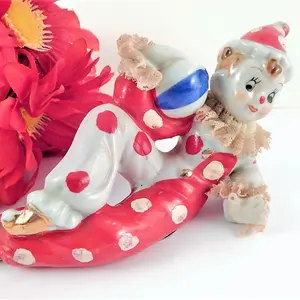 Clown Figurine Vintage 1950s Wales Japan Red and White Handpainted Porcelain Tramp Boy Circus Clown