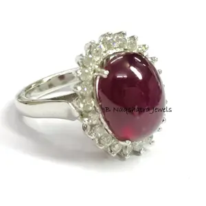 RUBY COCKTAIL ZIRCON Cluster 925 Sterling Silver ring,July birthstone ,Blood Red Ruby Cabochon,Glass filled Ruby,Ring Size Us 8,Gift For Her