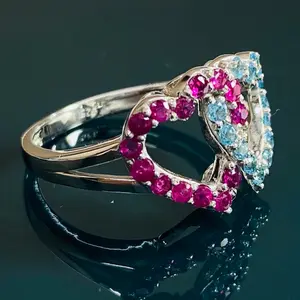 2 Interlocked Hearts Promise Ring, INTERWINED HEART RING , Multiple gemstone Ruby and Blue-Topaz love Ring, Christmas gift for loved ones