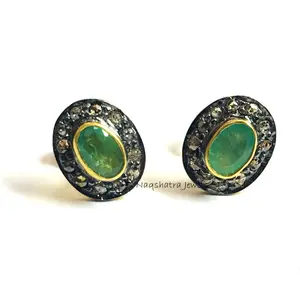 EMERALD DIAMOND EARRINGS ,925 Sterling silver , Halo Diamond , Natural Emerald , May Birthstone ,Valentine Gift