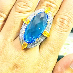 SWISS BLUE TOPAZ Rose cut diamond with yellow sapphire Cocktail Ring,December birthstone,Oval Blue Topaz Checkers Cut