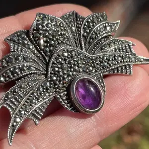 Purple in Petals—Vintage 925 Sterling silver Brooch with Marcasite and Amethyst, Feminist jewelry, Gift for her .