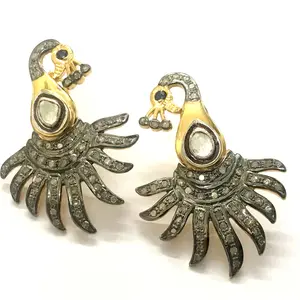 ROSE CUT DIAMONDS Peacock Design Earrings in sterling silver 925, Mayur Design ,Diamond Earring