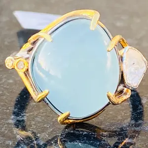 Natural Aquamarine Cabochon Silver Ring - Hand Hammered Ring - Antique Design - Oxidized Silver - Completely Handmade & Silver