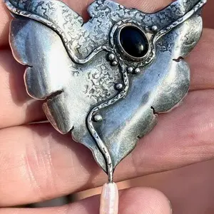 Tender Brutalism—Vintage, 925 Sterling Silver , Handmade One-Off with Onyx and Pearl, Feminist jewelry , Gift for her