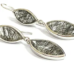 Black Rutile Quartz DANGLE EARRING ,Tourmalinated Quartz ,Rose Cut Rutile Jewelry,Gemini & Taurus Gemstone