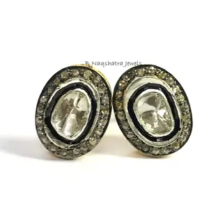 Fine Art , ROSE CUT DIAMONDS , Big Oval shape ,stud Earrings ,Handmade ,Polki Diamonds,Antique look , Valentine gift , Enhance your Beauty..