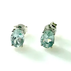 AQUAMARINE STUD EARRINGS ,March birthstone ,Natural Aquamarine Oval Shape ,sky blue earring, Christmas Gift.