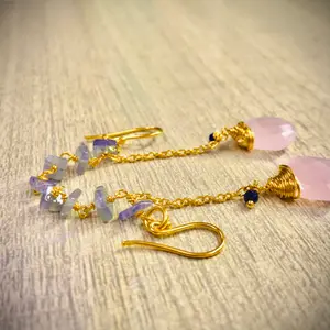 ROSE QUARTZ  Long Earrings ,Natural Pink Gold Hoop Earrings , Birthday Gift,Healing Crystal Jewelry