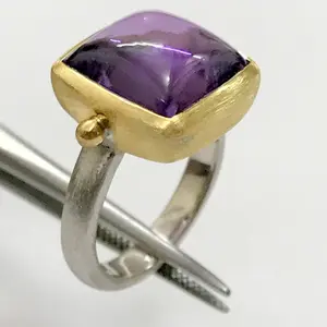 MEN RING in 925 Sterling Silver , AMETHYST Cabochon ,Square Amethyst ,February Birthstone, Unisex Ring , Gold Silver Ethnic Finish ....
