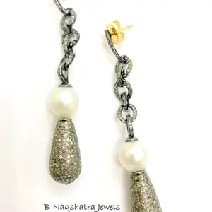 DIAMONDS PEARL EARRINGS , Long Victorian Earring , Drop earrings , Pearl Balls , Statement Earrings .