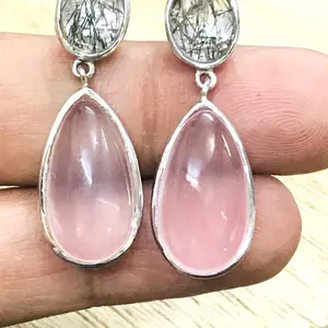 Black Rutile-Rose Quartz Dangle Earrings,,Tourmalinated Quartz ,Rose Quartz Cabochon,High Finished jewelry.