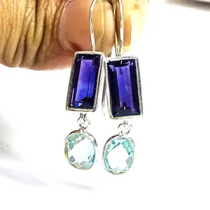 AMETHYST-BLUE TOPAZ Dangle Silver Earrings, Hook Earrings ,Birthstone earrings , Amethyst Baguette - Topaz Briolette Christmas Gift.