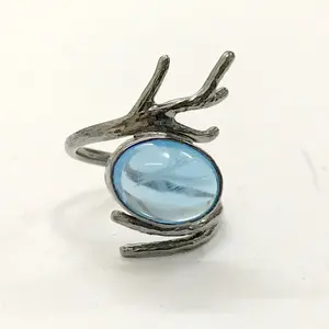 SWISS BLUE TOPAZ Cabochon oval black finish ring , 925 sterling silver ring, December birthstone,best gift for Valentine and evening parties