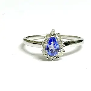 NATURAL TANZANITE DIAMONDS Ring in 925 Sterling Silver , Teardrop Tanzanite , Diamonds Cluster , Engagement Ring ,Gift for Her...