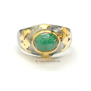 EMERALD CABOCHON GOLD - Silver Men Ring ,12k Gold Embossed leaf Pattern ,May birthstone ,Fathers day gift,Men Engagement Ring , Gift For Him