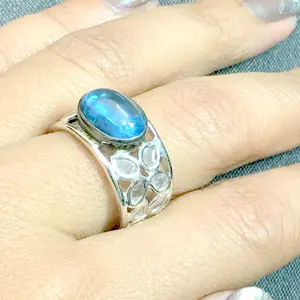 BLUE TOPAZ RING ,Slice Diamonds Ring ,Sterling silver ring,December Birthstone, Swiss Blue Topaz Cabochon Ring , Gift For Her