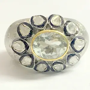 NATURAL AQUAMARINE DIAMONDS Ring ,  925 sterling silver ring,Diamonds Polki,Hand-forged,Cocktail Ring.