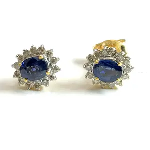 Sapphire Stud HALO Earrings,14k solid gold -Tiny Stud- Post Earrings,September Birthstone,Cluster earrings ,Gift for Her