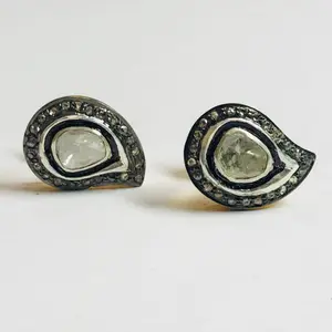 MANGO SHAPE DIAMONDS Stud Earrings , Push Back earrings in Sterling Silver,Lovely Valentine gift ,Natural and Rose cut Diamonds...