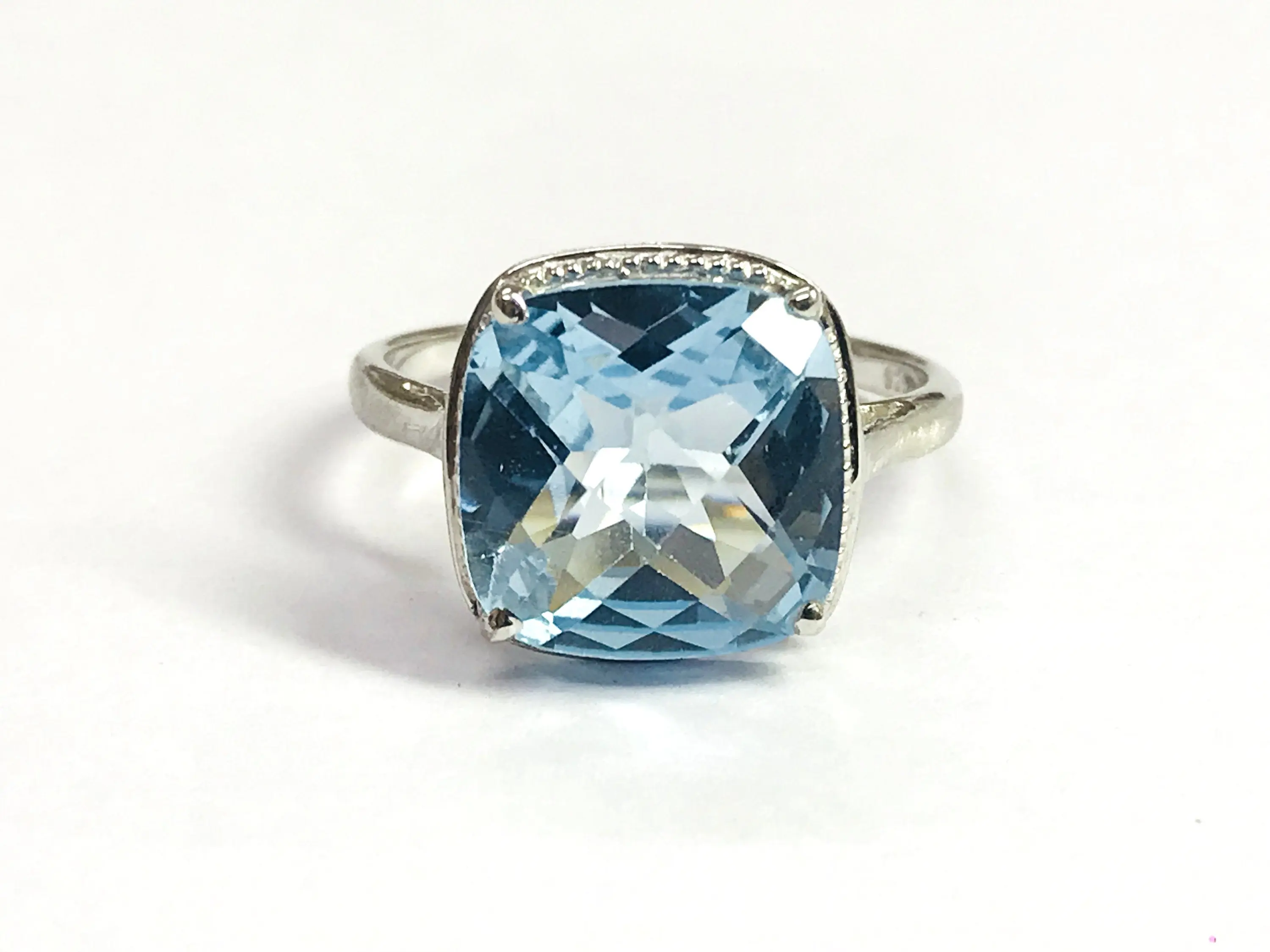 BLUE TOPAZ CUSHION Shape Ring, False Grain December Birthstone