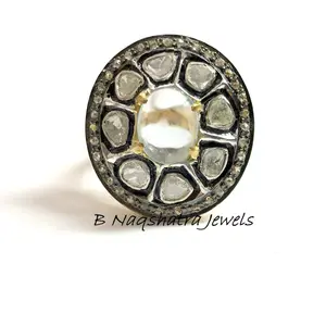 AQUAMARINE ROSE CUT Diamonds-Cocktail Ring,Antique Style ,Bridal Wedding jewelry,March & April Birthstone,Aquamarine Cabochon,Gift For Her