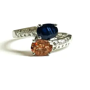 SAPPHIRE SUNSTONE DIAMOND Bypass Engagement Ring, Blue sapphire Oval , Multistone ring , Beautiful Piece for Gift to loved ones ....