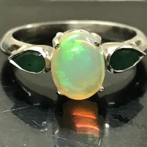 FIRE OPAL EMERALD Ring,Ethiopian Opal,Green Emerald , Pear shape ,October-May birthstone ,Promise Ring For Her ,Wedding Band ....
