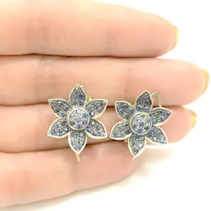 NATURAL BLUE SAPPHIRE clip on earrings, September birthstone ,blue flower petal design Cocktail earrings, gift for her