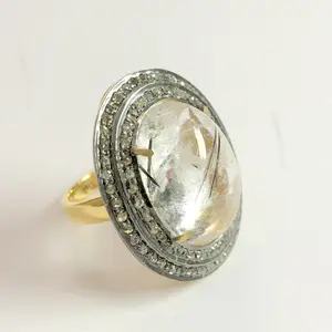 RUTILE QUARTZ CABOCHON Antique Rose cut diamonds Cluster ring ,925 sterling silver,perfect for evening wear as on Christmas Parties.....