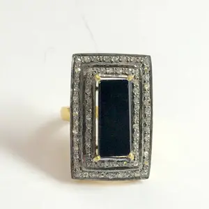 BLACK ONYX DIAMONDS Double Cluster ring , 925 sterling silver ,Antique finish , black gemstone flat shape best for evening parties..