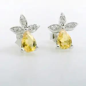 NATURAL CITRINE EARRINGS ,beautiful yellow Gemstone stud earrings with white topaz in pave set, November birthstone.