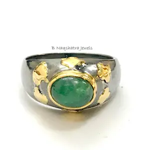 ANTIQUE EMERALD MEN Ring ,12K gold Embossed Leaf ,May birthstone ,Fathers Day Gift ,Men Jewelry...