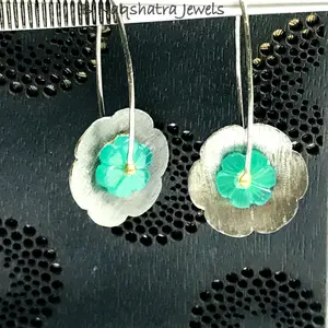 GREEN ONYX FLOWER Black Dangle Earrings,Textured Floral Design,Carved Green gemstone,Perfect Gift For Her, Christmas Gift.