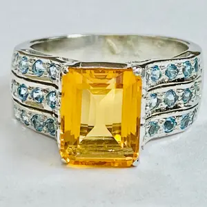 CITRINE BLUE TOPAZ Ring,Octagon and Round shape Gemstones ,Promise Ring ,Multi-stone Ring,Christmas Gift,Pave set Topaz Ring.