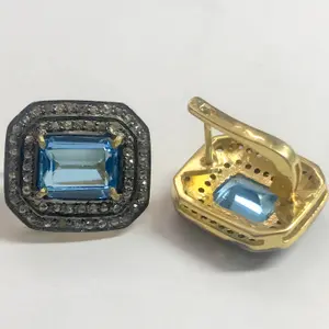 BLUE TOPAZ  DIAMONDS  cluster earrings ,Swiss blue topaz octogon shape earrings in 925 sterling silver ,Swiss B.T. evening party wear