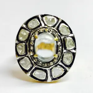 AQUAMARINE DIAMOND POLKI cocktail ring ,Rose Cut Diamonds ring , Christmas gift for loved ones , vintage style Jewellry