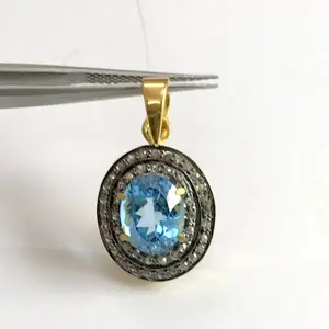BLUE TOPAZ DIAMONDS cluster pendant ,Swiss blue topaz oval shape pendant,sterling silver, December Birthstone ,Swiss B.T. evening party wear