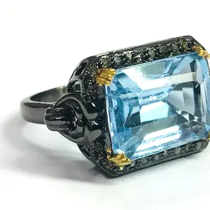 BLUE TOPAZ  OCTAGON Halo Diamond Ring,December Birthstone,Throat Chakra Stone,Gift for her