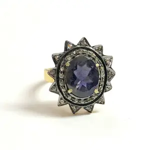 IOLITE DIAMONDS ANTIQUE ring in 925 sterling silver , star shape pave setting diamond , wedding ring , iolite gemstone , gift for her