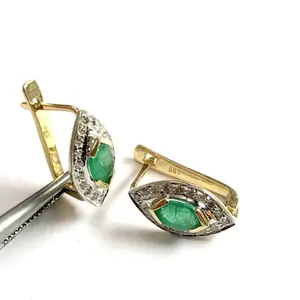 EMERALD DIAMOND CLUSTER Earring-14k gold-Stud Earring-Marquise shape-Gift for Her-Wedding Bridal Gift