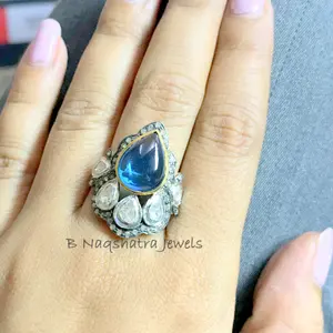 SWISS BLUE TOPAZ Rose cut diamond Rings ,December birthstone ,Teardrop Blue Topaz Cabochon ,Cocktail & Engagement Ring