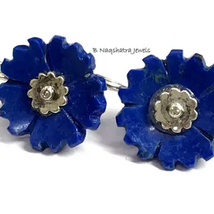 LAPIS LAZULI CARVED Flower Earrings , Sterling Silver ring ,Yeats, Azurite , Pyrite , Aoki lapis ,Blue Color Earring