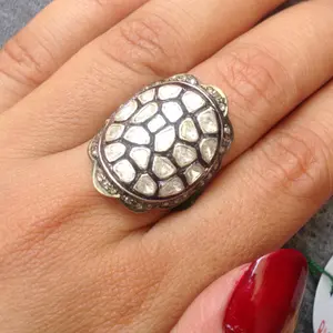 ROSE CUT DIAMONDS, Antique silver ring, Diamonds vintage ring, silver diamond ring,Turtle shape designed top ,Vintage wedding band .