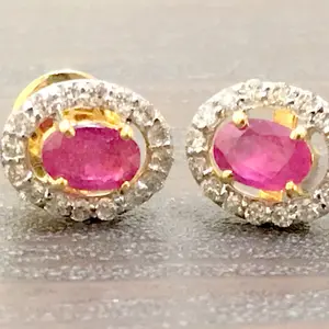 RUBY DIAMOND CLUSTER Earring in 14k gold , Ruby oval, Best Gift for Her ,Wedding Bridal Gift ,July Birthstone , Ruby Anniversary ...