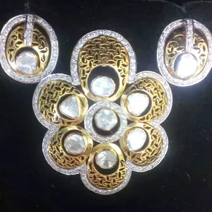 Natural ROSE CUT DIAMONDS,18k gold Pendant Necklace Set,Filigree Handmade,Bridal Jewelry,Wedding-Anniversary Gift