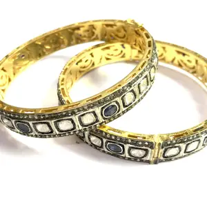 ROSECUT SAPPHIRE DIAMONDS-bezel set Bangle-925 Sterling Silver-Pave Diamonds bangle,Vintage style Jewelry