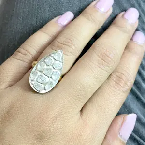 ROSE CUT DIAMONDS- 925 Sterling silver Ring , April birthstone , Halo Diamonds Cluster , Tear Drop Shape Ring ,Lovely Gift For Loved Ones