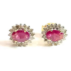 RUBY DIAMOND CLUSTER Stud Earring,14k gold ,Ruby oval,Gift for Her,July Birthstone , Ruby Anniversary .
